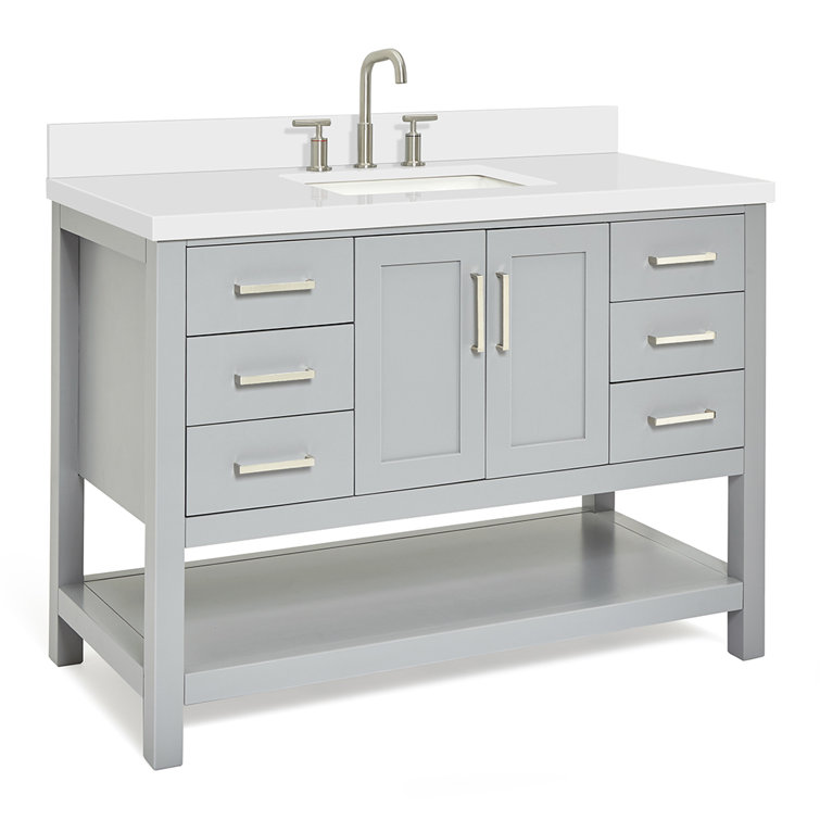 Gray Solid Wood Bath Vanity with White Quartz Top