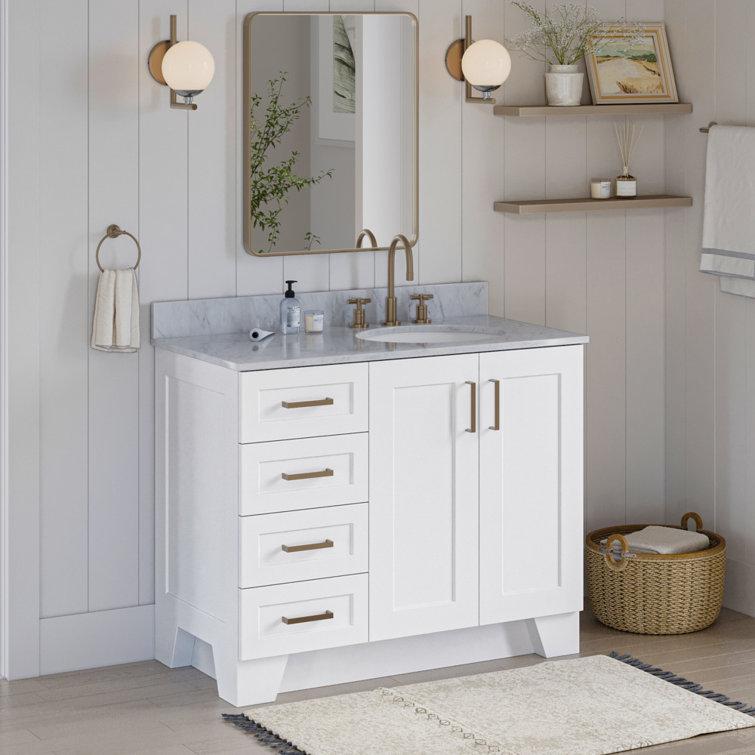 White Wood Freestanding Bathroom Vanity with Brass Hardware, 42 inches