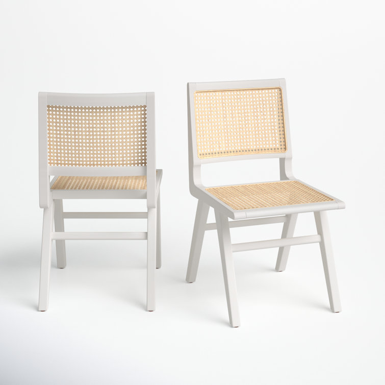 Elegant Coastal White Wood & Natural Cane Side Chair