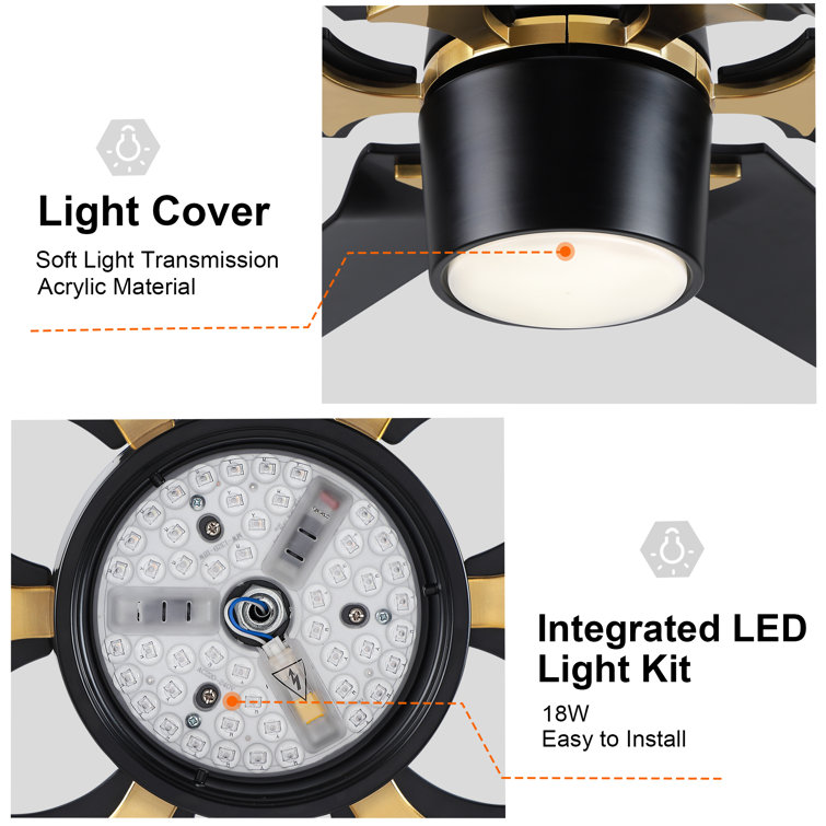 Modern 60'' Black and Gold Ceiling Fan with LED Light and Remote