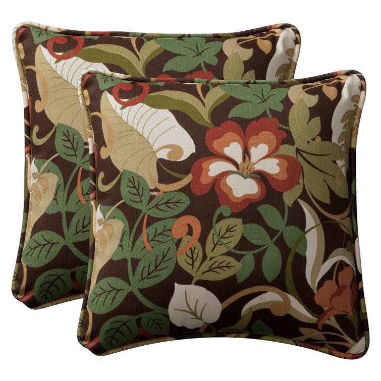 Brown and Green Floral Outdoor Throw Pillow Set