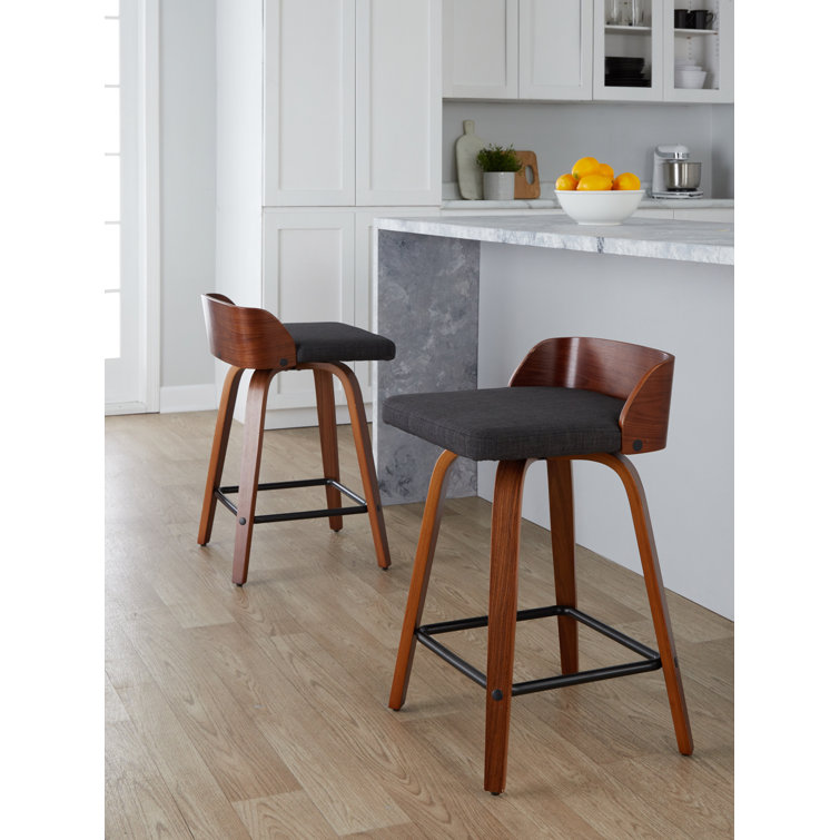 Dark Gray Swivel Counter Stool with Walnut Wood and Metal Frame