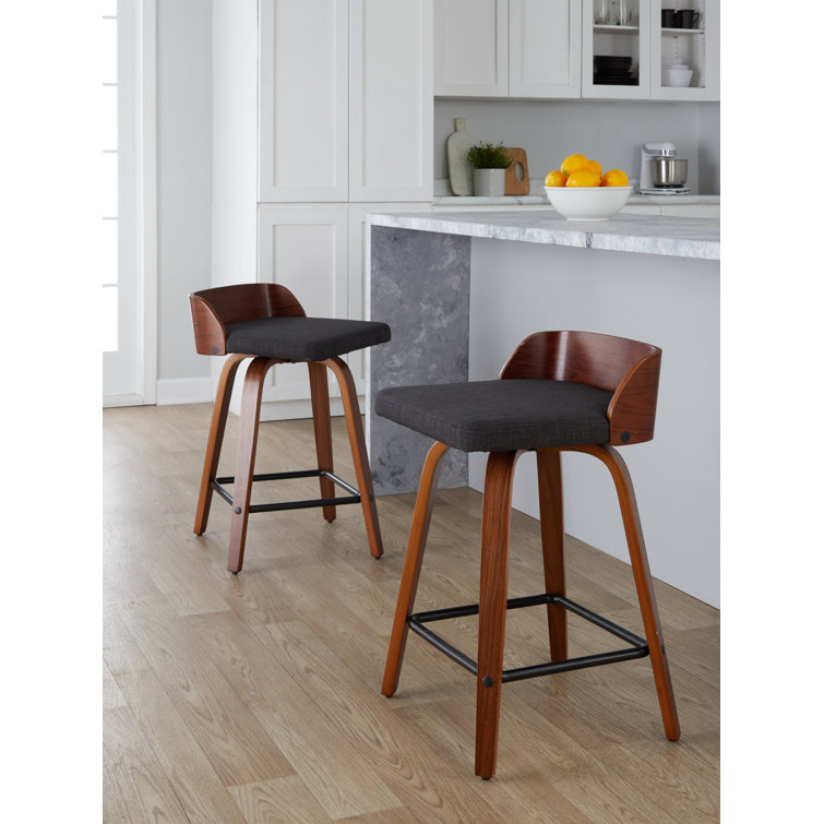 Dark Gray Swivel Counter Stool with Walnut Wood and Metal Frame