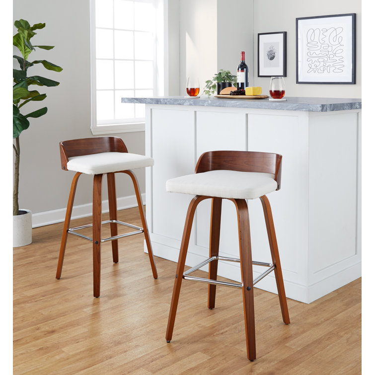 Cream Upholstered Swivel Bar Stool with Wood Backrest