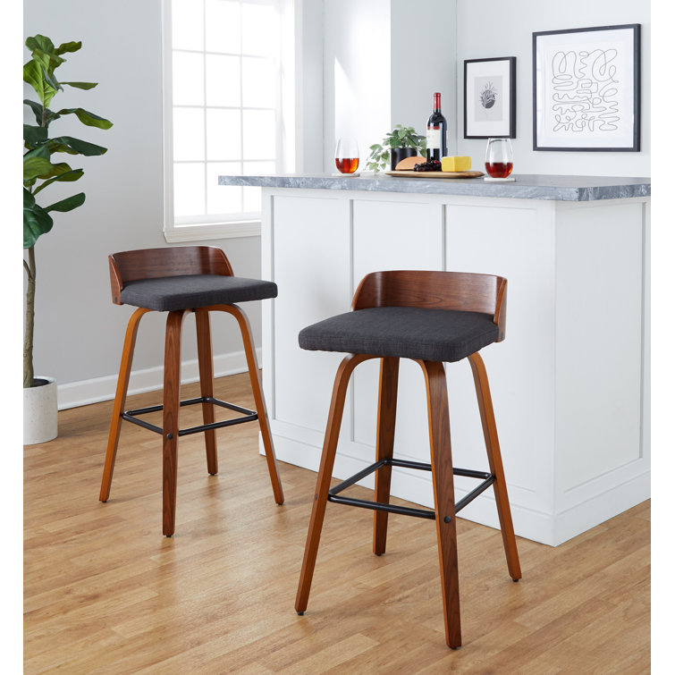 Walnut Wood and Dark Gray Swivel Barstool Set
