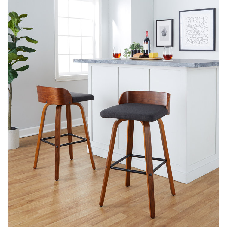 Walnut Wood and Dark Gray Swivel Barstool Set