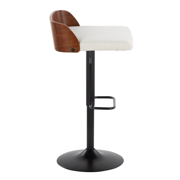 Adjustable White Upholstered Swivel Barstool with Wood Backrest
