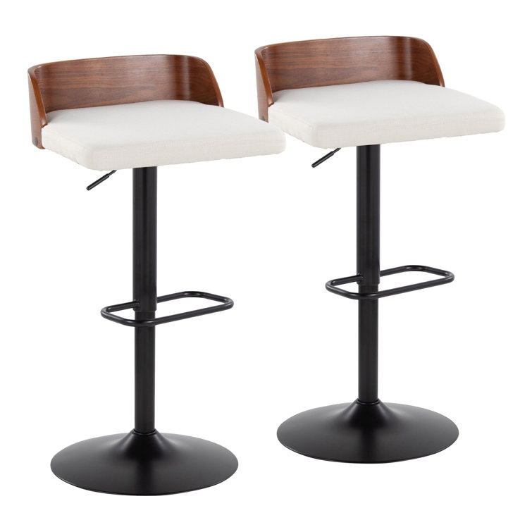 Adjustable White Upholstered Swivel Barstool with Wood Backrest