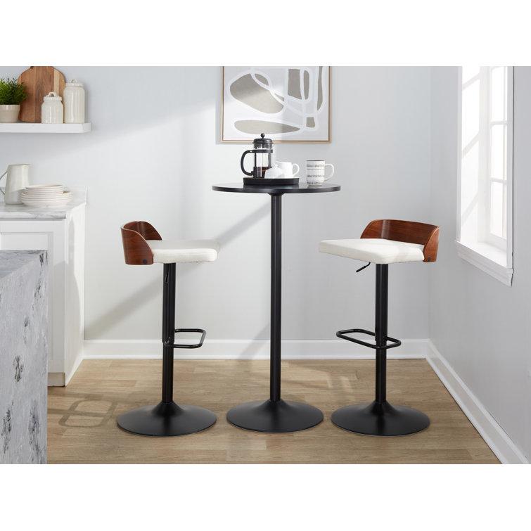 Adjustable White Upholstered Swivel Barstool with Wood Backrest