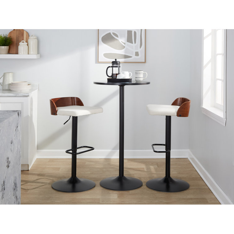 Adjustable White Upholstered Swivel Barstool with Wood Backrest
