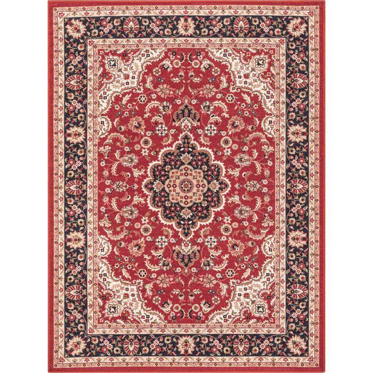 Red and Beige Medallion Synthetic Washable 5' x 7' Area Rug
