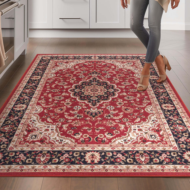 Red and Beige Medallion Synthetic Washable 5' x 7' Area Rug