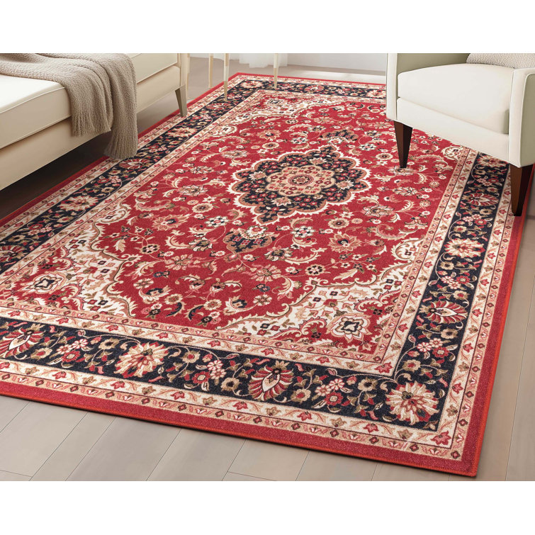 Red and Beige Medallion Synthetic Washable 5' x 7' Area Rug