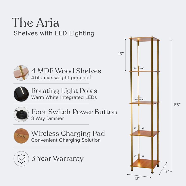 Aria Brass Finish LED Floor Lamp with Wireless Charging & Adjustable Shelves