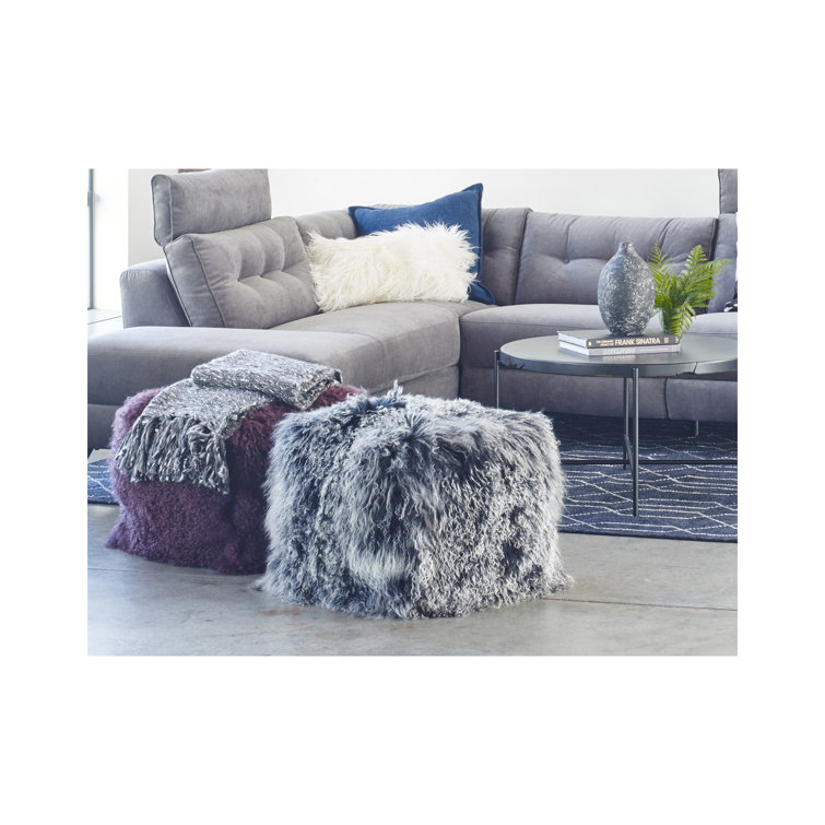 Contemporary Charcoal Grey Lamb Fur 22" Square Pouf Ottoman