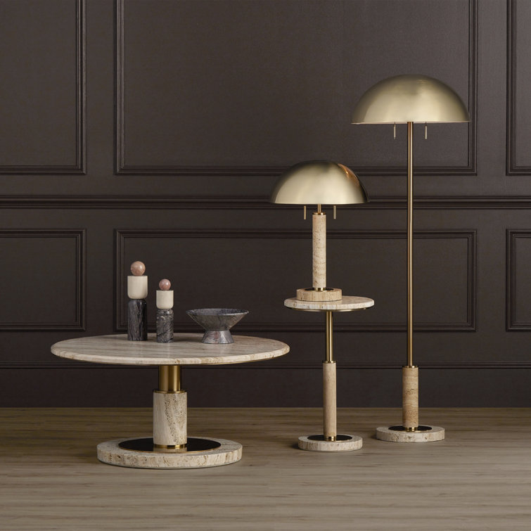 Adjustable Brass and Natural Stone Floor Lamp with Dome Shade