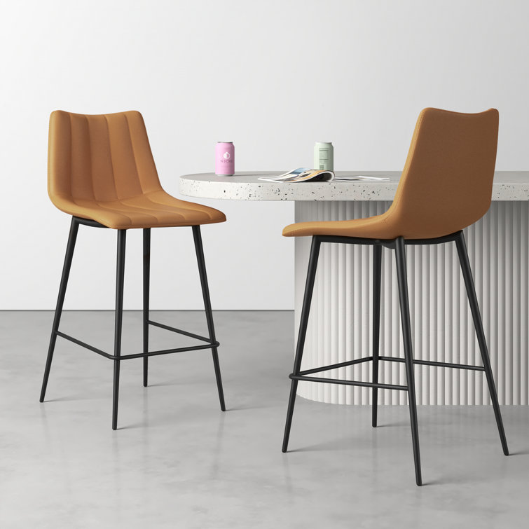 Brown Faux Leather Low Back Counter Stools with Steel Frame, Set of 2