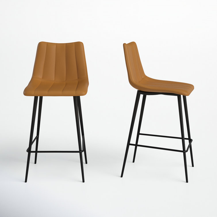 Brown Faux Leather Low Back Counter Stools with Steel Frame, Set of 2