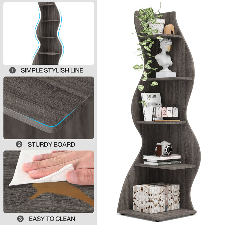 Gray 5-Tier Modern Corner Bookcase with Adjustable Shelves