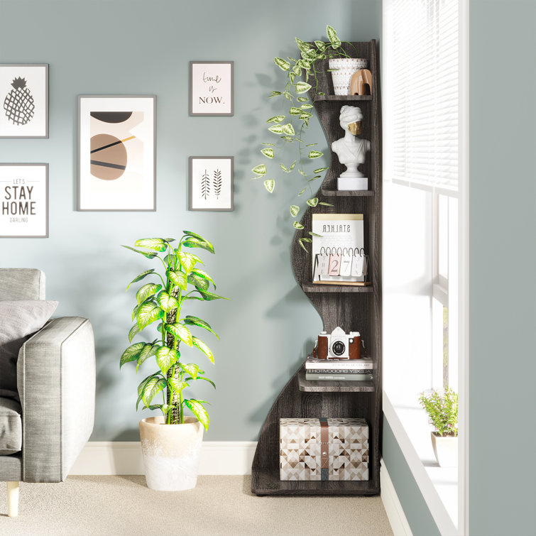 Gray 5-Tier Modern Corner Bookcase with Adjustable Shelves