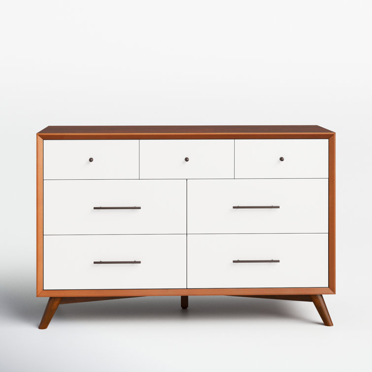 Acorn and White Mid-Century Modern 7-Drawer Dresser