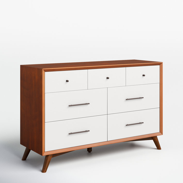 Acorn and White Mid-Century Modern 7-Drawer Dresser