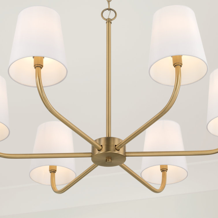 Aged Brass 6-Light Chandelier with White Fabric Shades