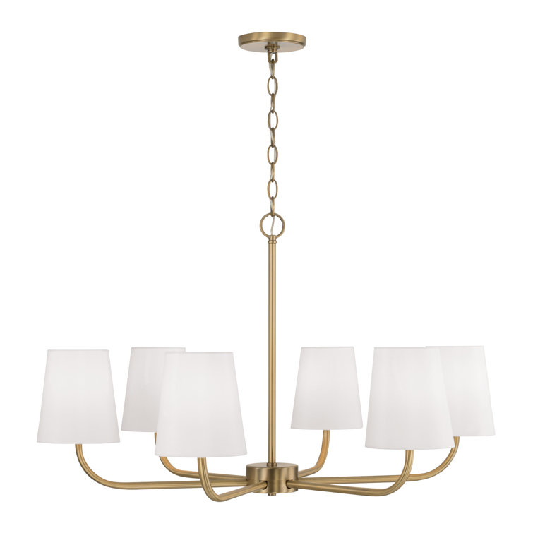 Aged Brass 6-Light Chandelier with White Fabric Shades