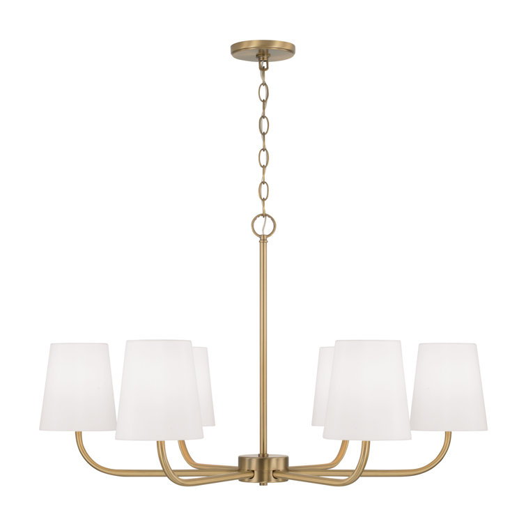 Aged Brass 6-Light Chandelier with White Fabric Shades