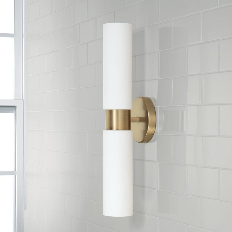 Aged Brass and White Glass Dual Cylinder Wall Sconce