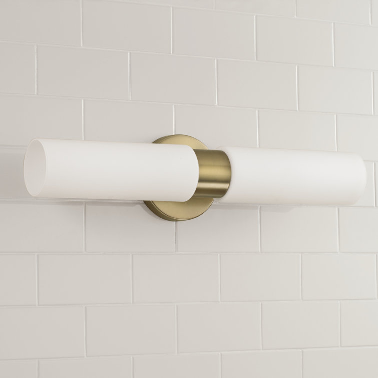 Aged Brass and White Glass Dual Cylinder Wall Sconce