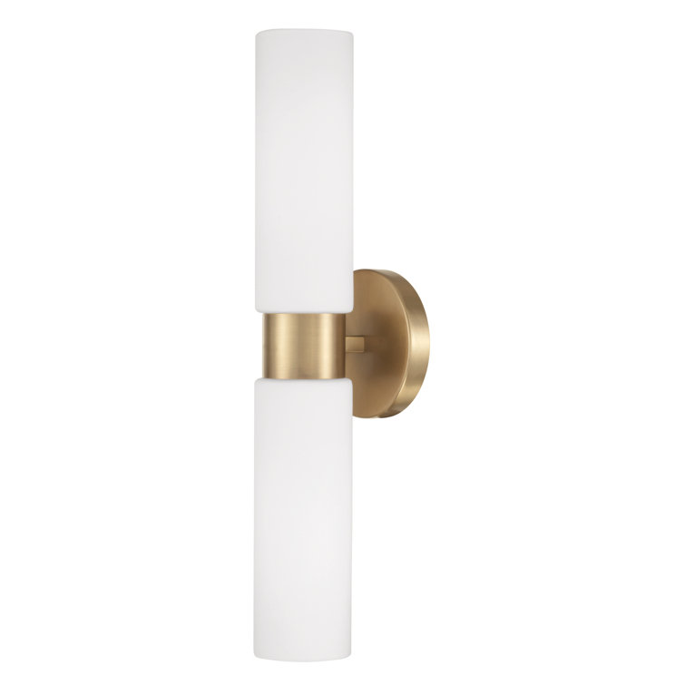 Aged Brass and White Glass Dual Cylinder Wall Sconce