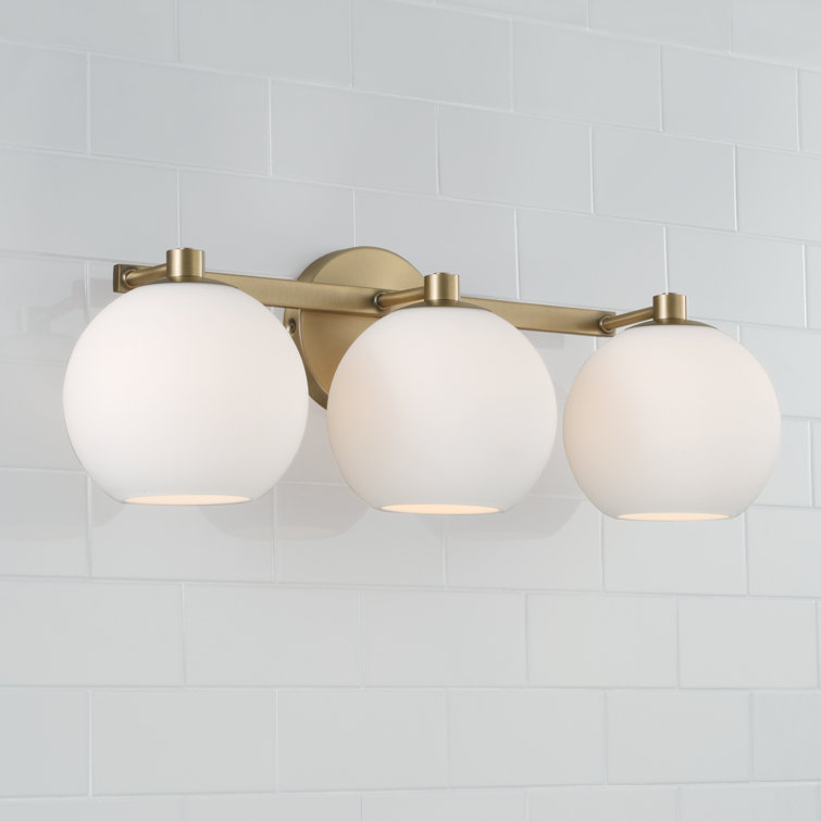 Aged Brass 3-Light Vanity with Soft White Glass Shades