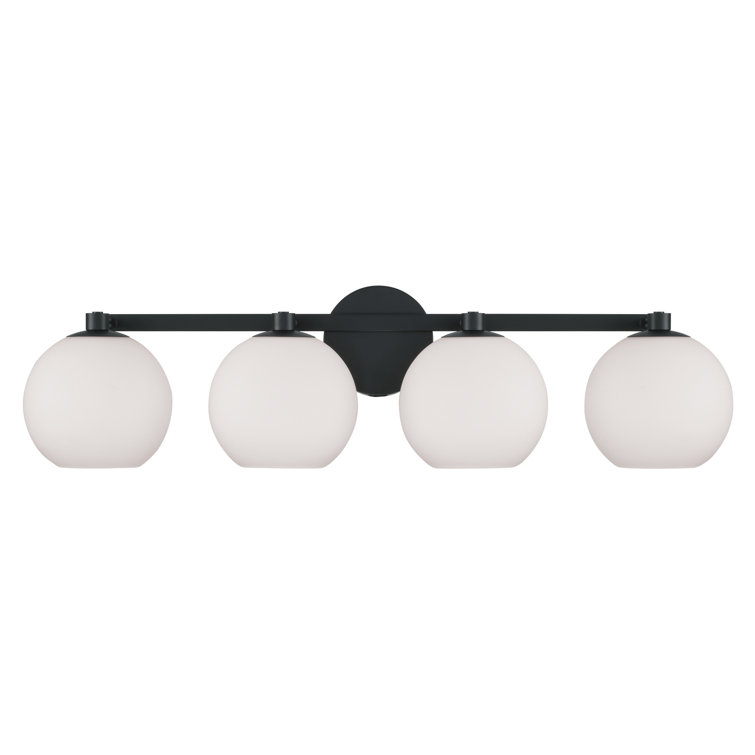 Matte Black 4-Light Vanity with Soft White Glass Globes