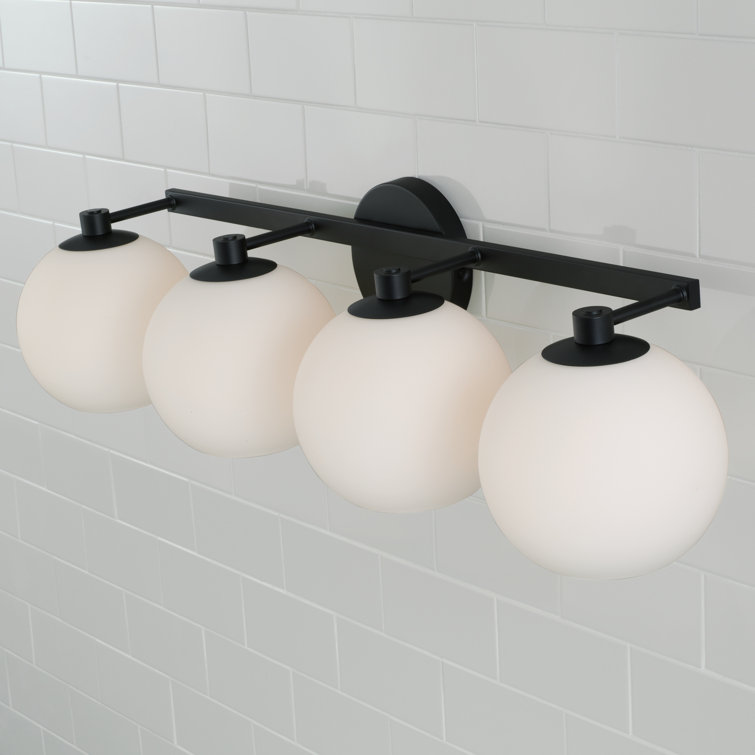 Matte Black 4-Light Vanity with Soft White Glass Globes