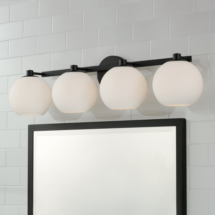 Matte Black 4-Light Vanity with Soft White Glass Globes