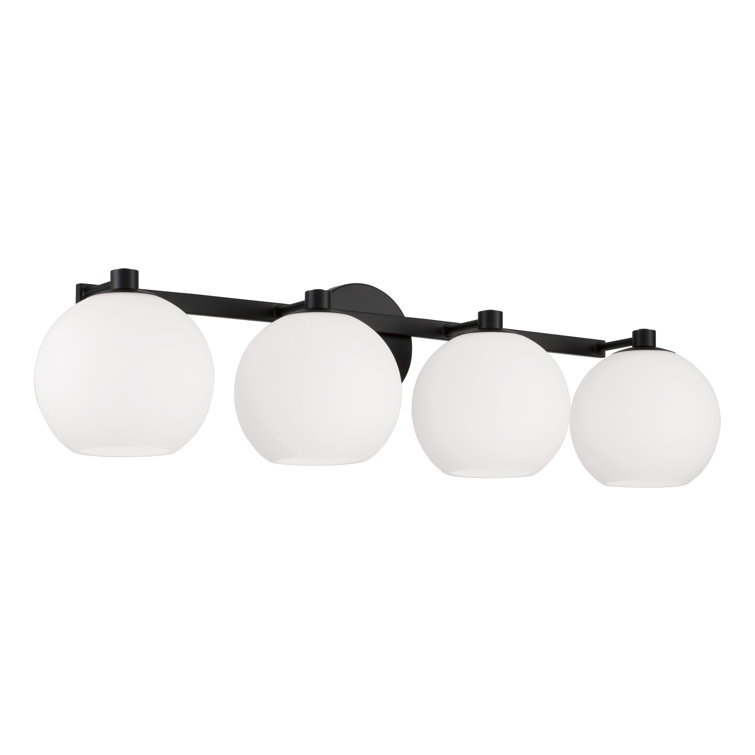 Matte Black 4-Light Vanity with Soft White Glass Globes