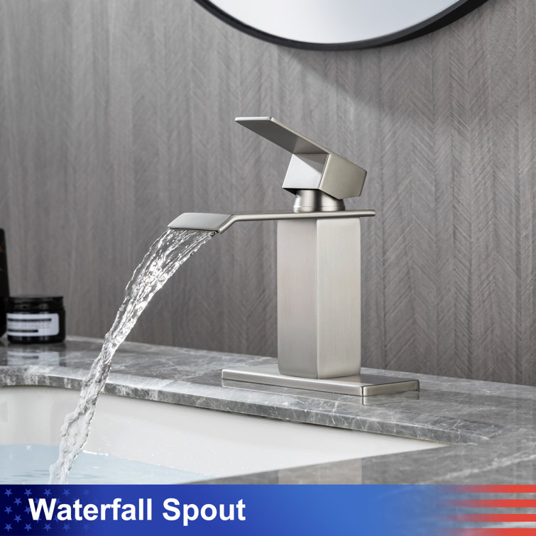 Brushed Nickel Waterfall Spout Bathroom Faucet with Drain Assembly