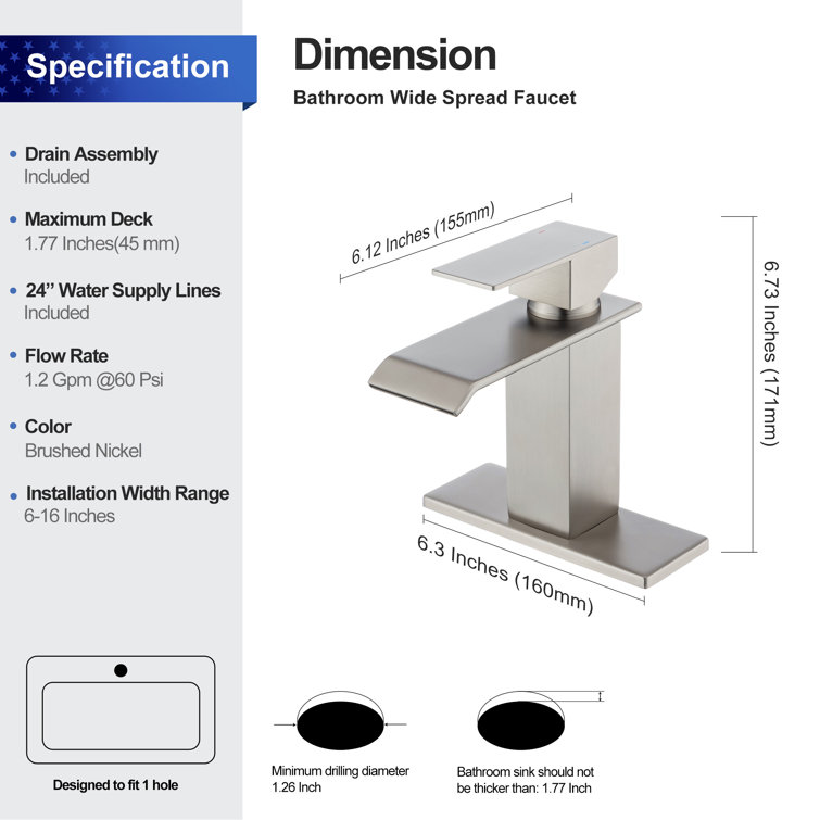 Brushed Nickel Waterfall Spout Bathroom Faucet with Drain Assembly