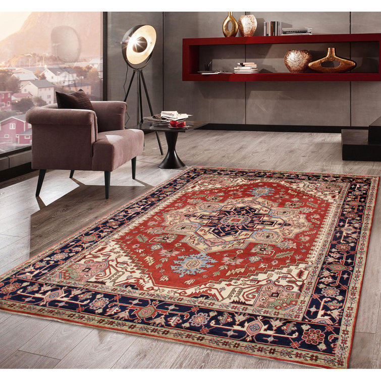 Rust and Navy Hand-Knotted Wool 8' x 10' Oriental Rug