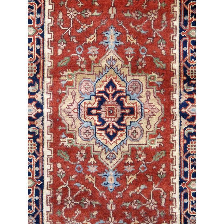 Hand-knotted Wool Runner Rug in Rust and Navy