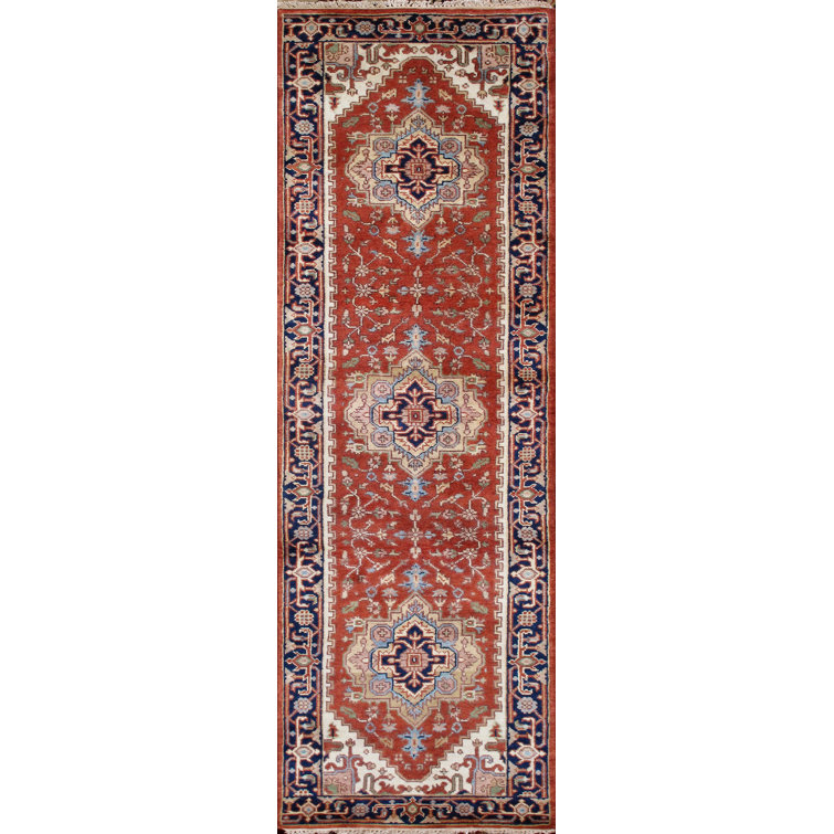 Hand-knotted Wool Runner Rug in Rust and Navy