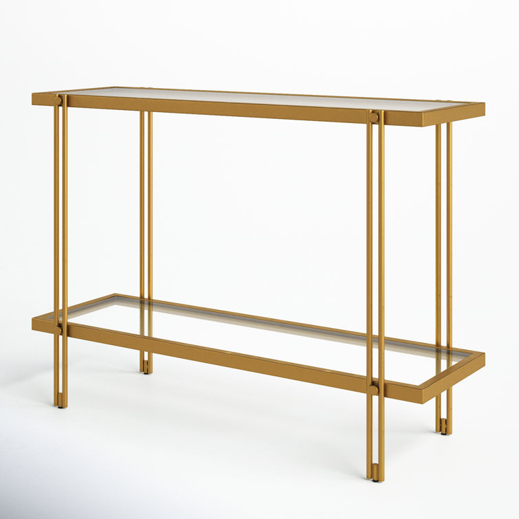 Modern Brass Finish Metal Console Table with Glass Shelf
