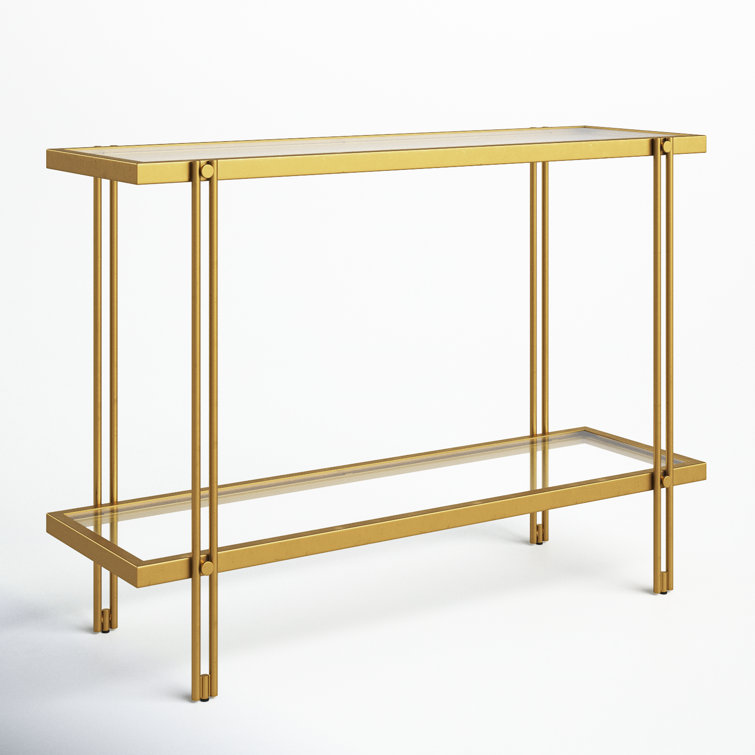 Modern Brass Finish Metal Console Table with Glass Shelf