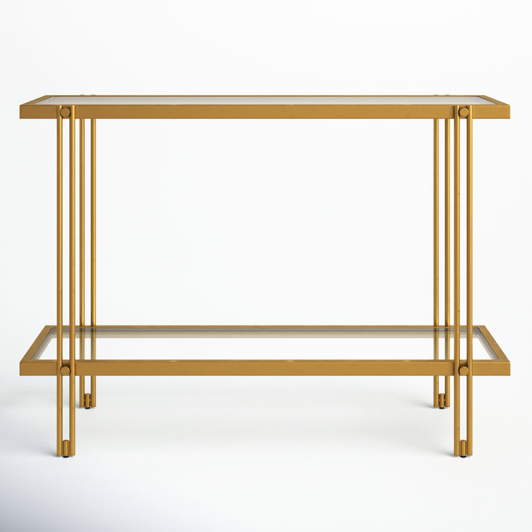 Modern Brass Finish Metal Console Table with Glass Shelf