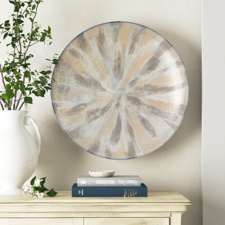 Hand-Painted Round Beige and Gray Metal Decorative Plate