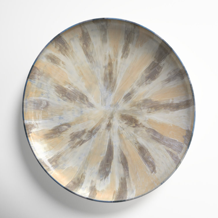 Hand-Painted Round Beige and Gray Metal Decorative Plate