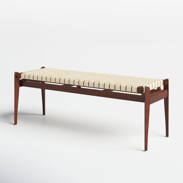 Dilan Sophisticated White Genuine Leather Bench with Mahogany Frame