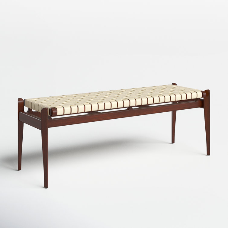 Dilan Sophisticated White Genuine Leather Bench with Mahogany Frame
