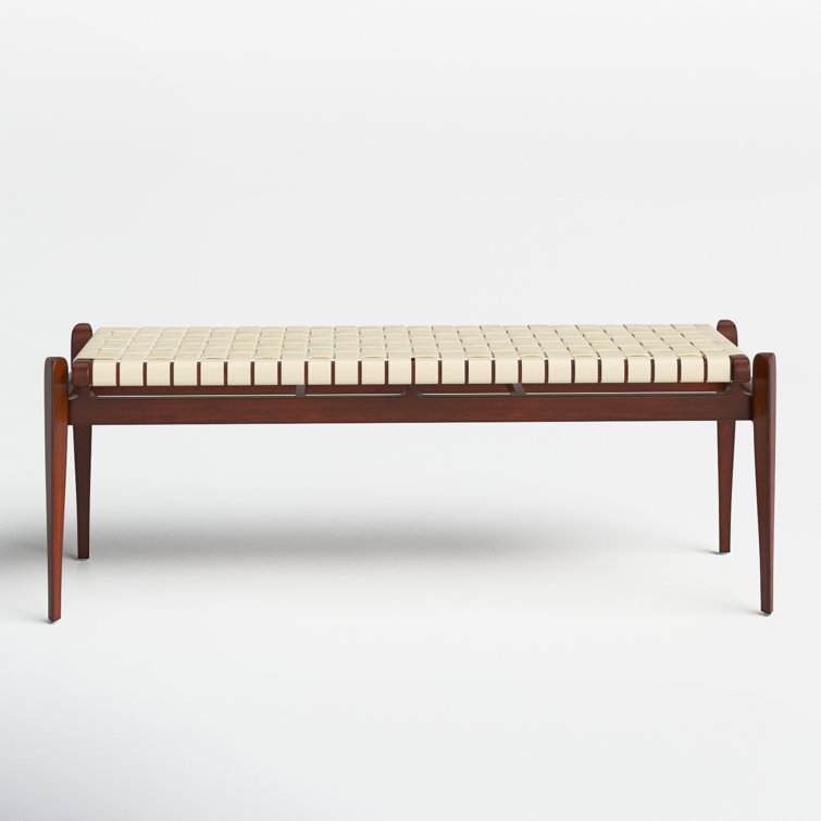 Dilan Sophisticated White Genuine Leather Bench with Mahogany Frame